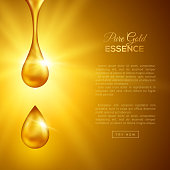 Golden Oil Drops on Yellow Background with Shining Rays. Collagen Essence or Gold Serum Droplets. Vector Illustration. Concept for Cosmetics, Beauty and Spa Brochure or Flyer.
