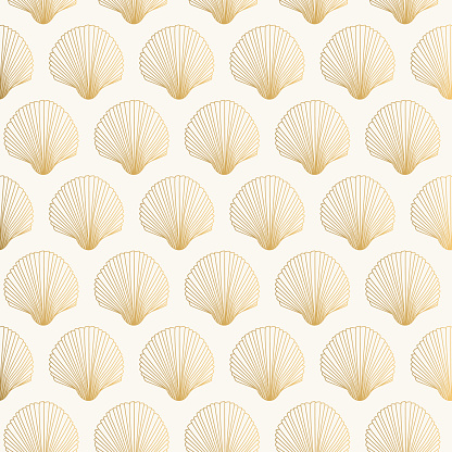 Golden pattern with shell. Vector gold background scallop design.