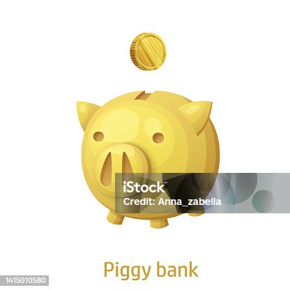 istock Golden piggy bank vector graphic design isolated on white background. Cartoon piggy bank with falling coin icon illustration 1415010580