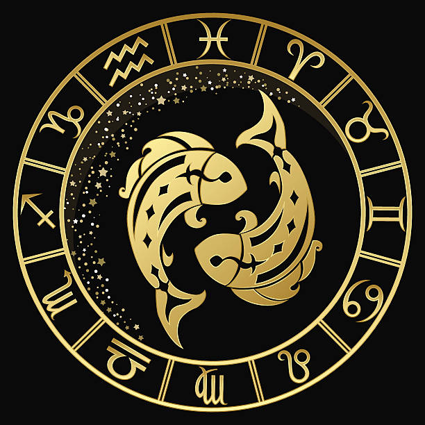 Golden Pisces zodiac sign The sign of Pisces in the Golden round frame on a dark background pisces stock illustrations