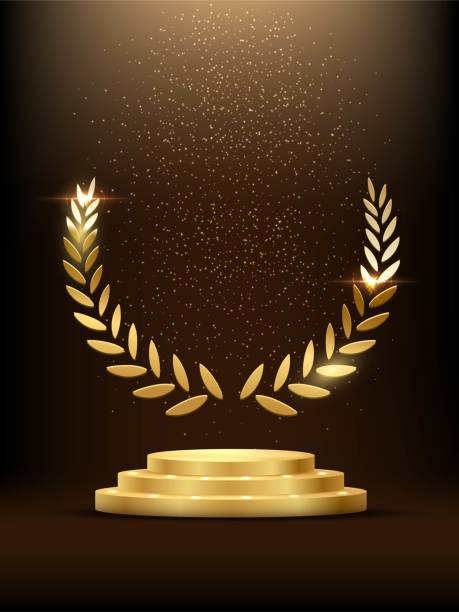 Golden podium with laurel glowing. Gold stage with glitter and light fog on dark background. Hollywood fame in film and cinema or championship in sport vector illustration Golden podium with laurel glowing. Gold stage with glitter and light fog on dark background. Hollywood fame in film and cinema or championship in sport vector illustration. metal clipart stock illustrations