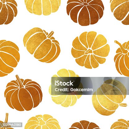 istock Golden Pumpkins Seamless Pattern. Repeating faux metallic gold foil pattern design for Harvest festival or Thanksgiving day. Elegant autumn background. Hand drawn seamless vector pattern with gold pumpkins. 1339443180