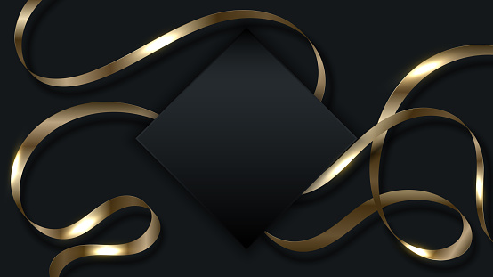 3D golden ribbon curly shape elements with black square badge on dark background luxury style