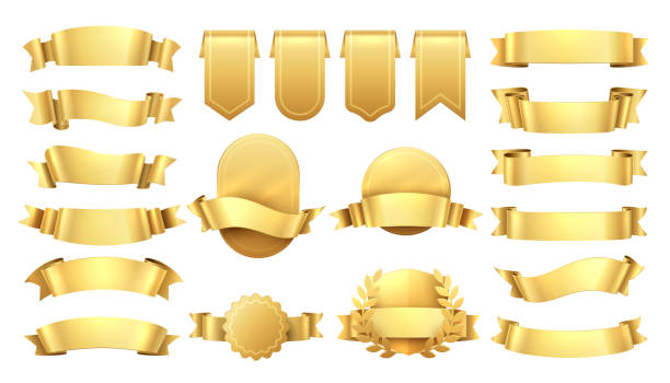金色のリボン。光沢のある古いラベル、ウェーブバナー要素、プロモーションレトロな装飾、黄色の価格の販売。リアルなベクターゴールドリボン - ゴールド点のイラスト素材／クリップアート素材／マンガ素材／アイコン素材