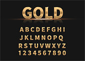 Golden set of alphabet and numbers. Vector illustration