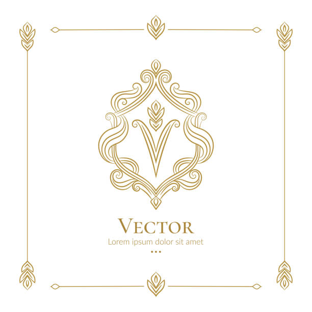 Golden shield emblem. V letter. Elegant, classic vector. Can be used for jewelry, beauty and fashion industry. Great for logo, monogram, invitation, flyer, menu, background, or any desired idea. Vector illustration arabic style stock illustrations