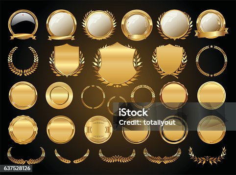 istock Golden shields laurel wreaths and badges collection 637528126