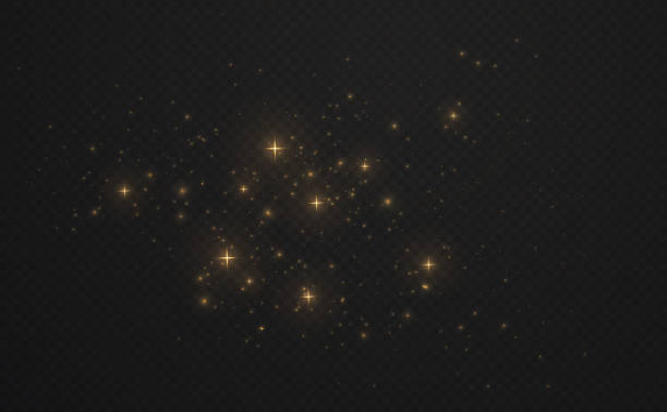 ilustrações de stock, clip art, desenhos animados e ícones de golden shining sparks dust with stars on dark transparent background. christmas light glowing particles. - dust