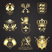 Collection of nine heraldic elements with gold gradient composed of various animals such as lions and sea horse,eagle and dragon , various shields, banner and crowns, sword and key on striped black background.