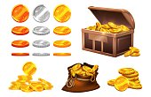 Golden silver coins. Wooden chest coin treasures, bronze gold medals with stars. Isolated bag with money, cartoon game vector elements. Chest with money silver and gold illustration