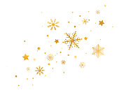 Golden snowflakes with stars border. Celebration long banner. Glitter gold snowflakes and snow on white background. Merry Christmas and Happy New Year design. Vector illustration.