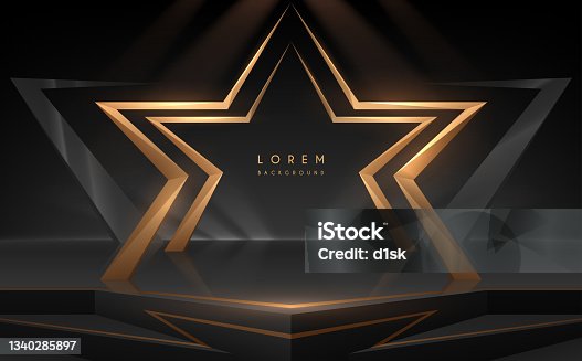 istock Golden star shape podium with light effect 1340285897