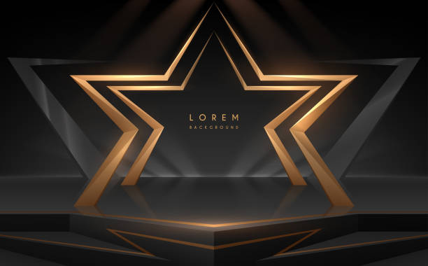 Golden star shape podium with light effect vector art illustration