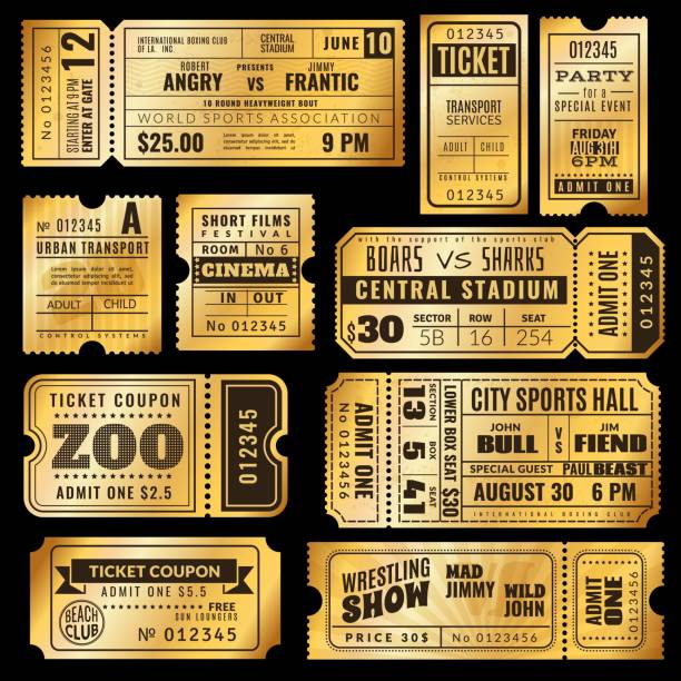 Golden tickets. Vintage admission ticket circus, party and cinema theatre, concert show raffle paper premium coupons vector templates Golden tickets. Old gold admission vip ticket of circus, wedding party and cinema, theater concert. Raffle premium coupons vector ticketing label vintage seat numbers for entrance set tickets stock illustrations