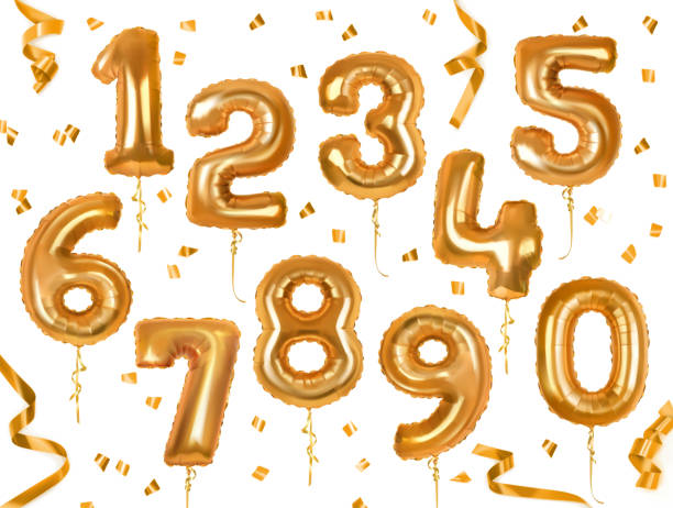 ilustrações de stock, clip art, desenhos animados e ícones de golden toy balloons. holiday and party. 3d vector icon set - numbers