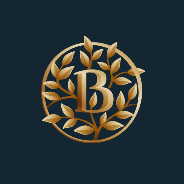 Golden tree B letter logo. Vintage circle vector emblem. Premium typeface for real estate layout, luxury card, elegant presentation, glamour label, fashion posters, boutique icon, etc. fancy letter b silhouettes stock illustrations