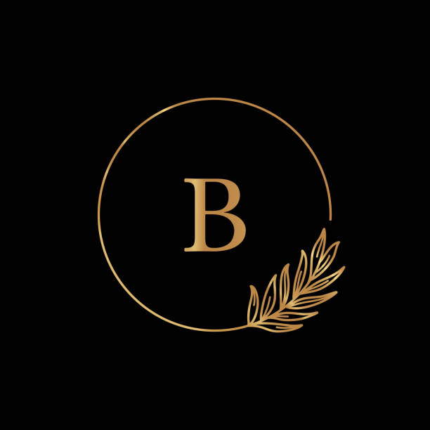Golden tropical palm leaf frame. Round Icon in trendy minimal linear style. Vector Emblem with letter B Golden tropical palm leaf frame. Round Icon in trendy minimal linear style. Vector Emblem with letter B and Palm Branch. Template for symbol cosmetics, beauty Studio, hairdresser, hand made, nail salon fancy letter b silhouettes stock illustrations