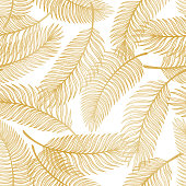 Golden Tropical Palm Tree Leaves Vector Seamless Pattern. Palm Leaf Sketch. Summer Floral Background. Tropical Plants Wallpaper