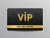 Golden VIP member card template with glittering VIP icon on black polygonal background.