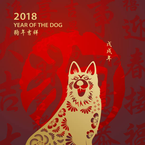Golden Year of the Dog Celebrate the Chinese New Year in the year of the Dog 2018 with Chinese script on the background, and the Chinese phrases means to wish you lucky at the Year of the Dog chinese year of the dog stock illustrations