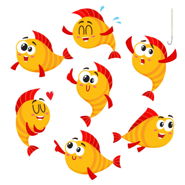 Golden, yellow fish characters with human face showing different emotions Cute, funny golden, yellow fish characters with human face showing different emotions, cartoon vector illustration isolated on white background. Set of yellow fish characters, mascot, design elements fish stock illustrations