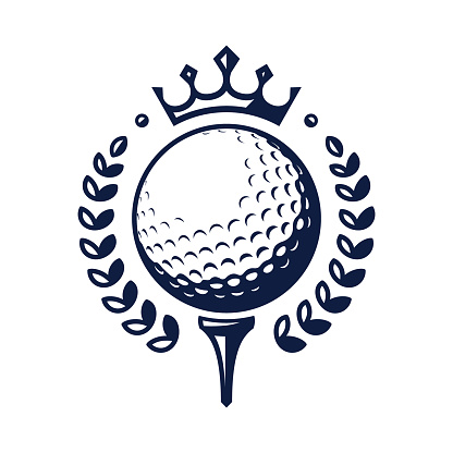 Golf ball vector logo. Golf ball on tee with wreath and crown. Vector illustration, isolated on a white background