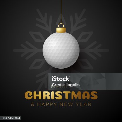 istock golf Christmas card. Merry Christmas sport greeting card. Hang on a thread golf ball as a xmas ball and golden bauble on black horizontal background. Sport Vector illustration. 1347353703