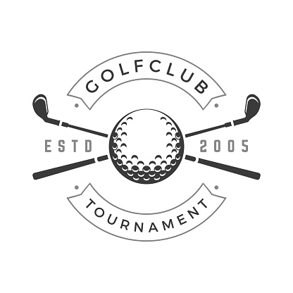 Golf club tournament vector logo. Crossed black golfing brassy symbol of sports competition. Gaming championship sticker with monochrome design fair vintage fight and recreation achievement.