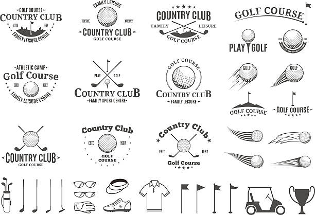 Golf country club labels, icons and design elements Set of golf country club label templates. Golf labels with sample text. Golf icons for golf tournaments, organizations and golf country clubs. Vector label design. hole illustrations stock illustrations