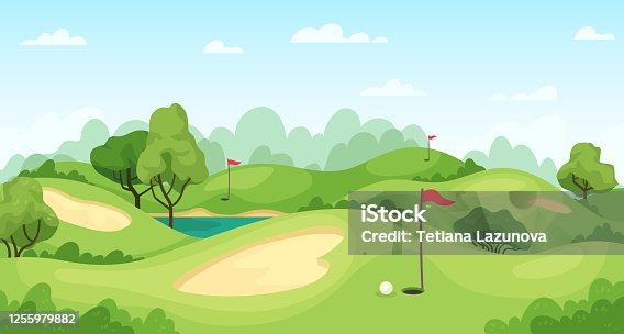 istock Golf course. Green landscape with flags and sand ground, golf cart on lawn, course for tournament game golf vector background 1255979882