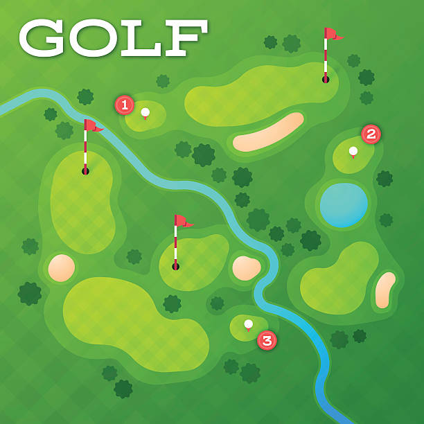 Golf Course Golf course landscape aerial view abstract concept. EPS 10 file. Transparency effects used on highlight elements. hole illustrations stock illustrations