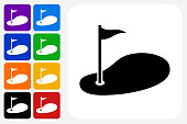Golf Icon Square Button Set. The icon is in black on a white square with rounded corners. The are eight alternative button options on the left in purple, blue, navy, green, orange, yellow, black and red colors. The icon is in white against these vibrant backgrounds. The illustration is flat and will work well both online and in print.