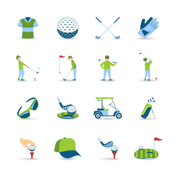 Golf icons set with ball grass and equipment symbols flat isolated...