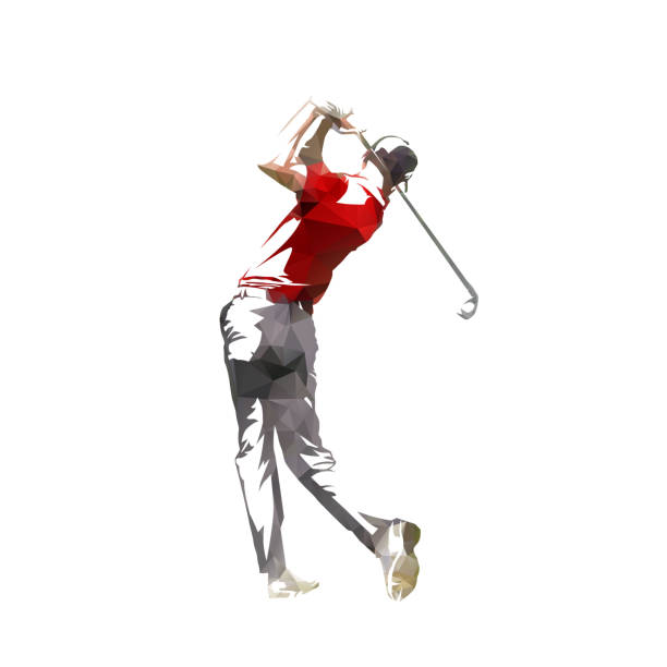 ilustraciones, imágenes clip art, dibujos animados e iconos de stock de jugador de golf, silueta polivectorial baja aislada, logotipo de golfista geométrico - golf