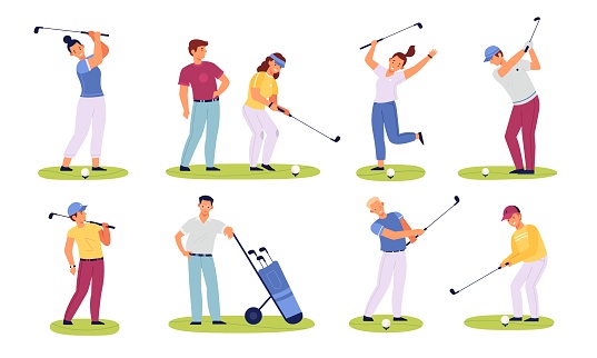 Golf players people. Male and female golfers, sportive characters, club members play on green fields, hitting ball with stick, sport summer outdoor activity, vector isolated set