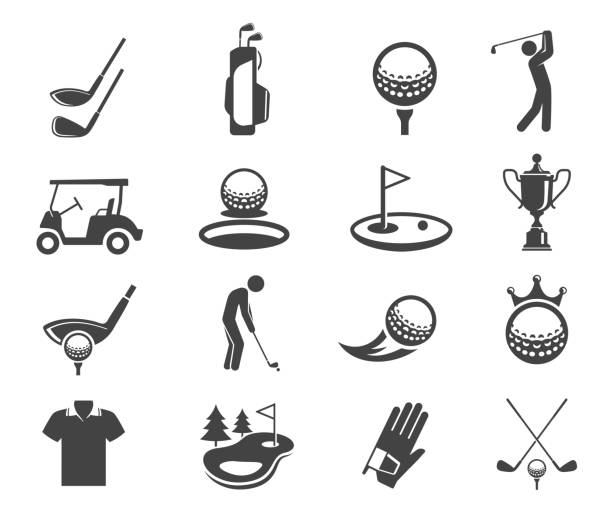 Golf sport game vector glyph icons set Golf sport game vector glyph icons set. Clubhead and balls silhouette symbols. Golf championship, professional clothes for playing isolated clipart collection. Entertainment activity design elements icon clipart stock illustrations