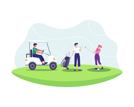Young characters with golf equipment and cart. People on golf field, Sports, Outdoors fun, Healthy lifestyle. Golfers with clubs and equipment. Vector in a flat style