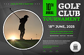 Golf tournament poster template with player batting ball at sunset. Sample text in separate layer. Vector illustration.
