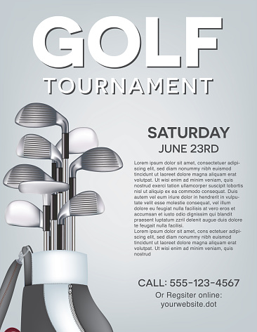 Golf Tournament Template With Bag and Clubs On A Grey Background