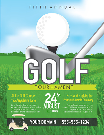 Golf tournament with golf tee club invitation template on green