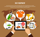 Golf equipment buying online composition with mobile device in hands, world map on brown background  vector illustration