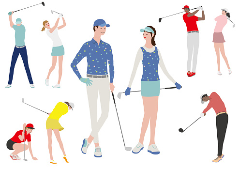Golfers Vector Flat Illustration Set Isolated On A White Background.