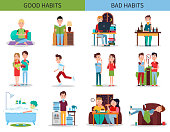 Good and bad habits collection, yoga and meditation, running and vegetables, and drinking alcohol, smoking and eating junk food vector illustration