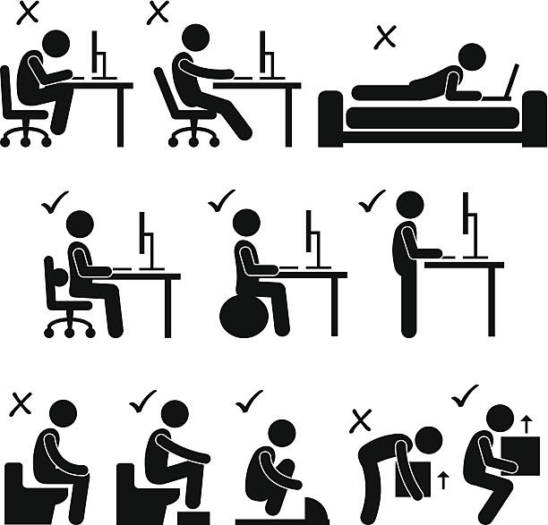 Good and Bad Human Body Posture Stick Figure Pictogram Icon A set of human pictogram representing the good and bad posture while sitting in front of a computer, motion bowel at toilet, and lifting a box. good posture stock illustrations