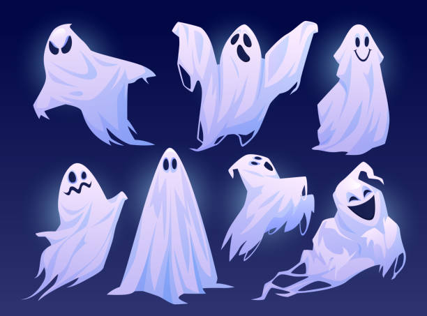 bildbanksillustrationer, clip art samt tecknat material och ikoner med good and evil ghosts of halloween, isolated set of personages in costumes. floating apparitions with facial expression of sadness, joy and anger. spooky monsters. flat cartoon character vector - ghost