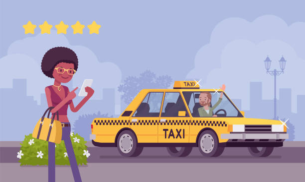 illustrazioni stock, clip art, cartoni animati e icone di tendenza di buona auto e autista nel sistema di app di valutazione dei taxi - taxi