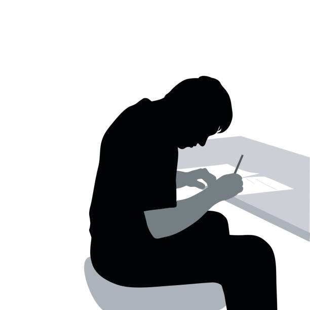 Good Focus Bad Posture Silhouette vector illustration of a teenage boy doing his homework hunched over his desk writing activity silhouettes stock illustrations