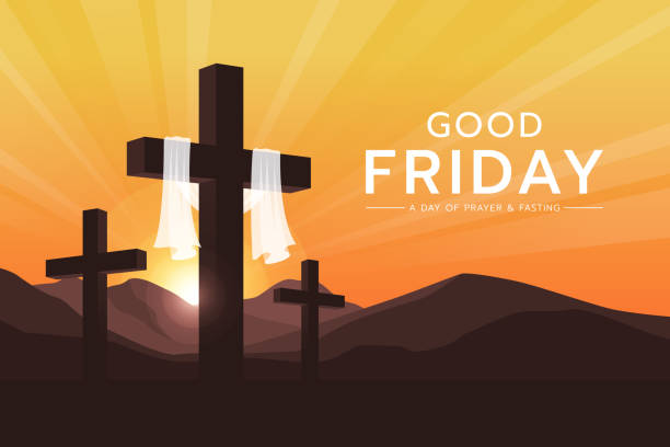 Good friday, a day of prayer and fasting text - White cloth hung on Cross crucifix and yellow gold sunset vector design Good friday, a day of prayer and fasting text - White cloth hung on Cross crucifix and yellow gold sunset vector design good friday stock illustrations
