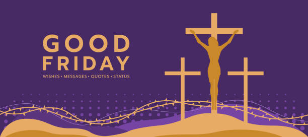 Good friday - gold_Jesus Christ Crucified On The Cross on abstract mountain and line thorns on purple background vector illustration design Good friday - gold_Jesus Christ Crucified On The Cross on abstract mountain and line thorns on purple background vector illustration design good friday stock illustrations