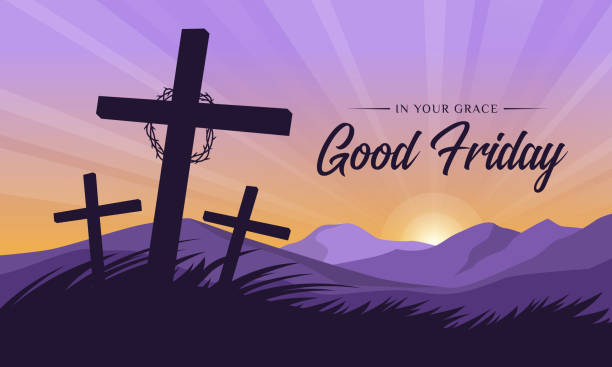 good friday, in your grace text circle thorns and Cross crucifix on hill grass and sunset for good friday vector design  good friday stock illustrations